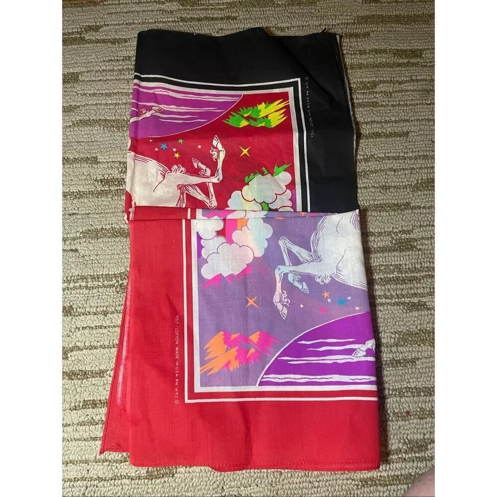 Vintage 80’s Unicorn handkerchief Bandana Stars Rainbow Scarf Mask Curtain USA l